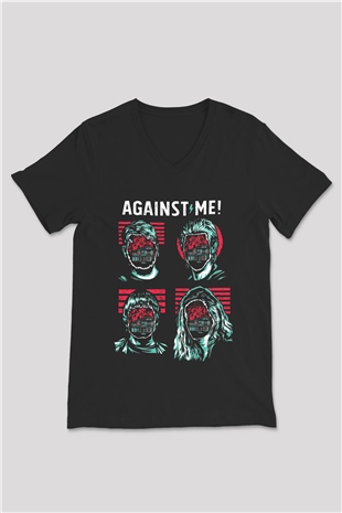 Against Me Siyah Unisex V Yaka Tişört T-Shirt