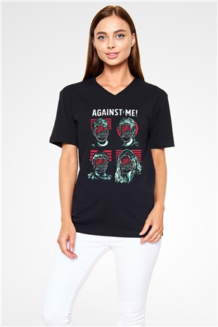 Against Me Siyah Unisex V Yaka Tişört T-Shirt