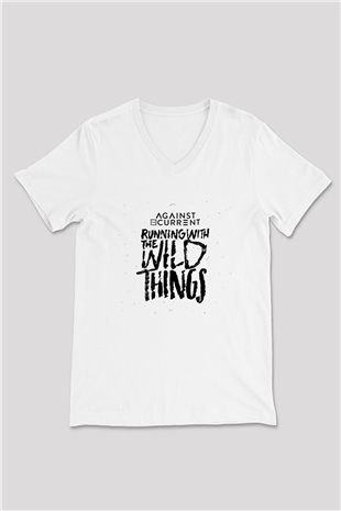 Against The Current Baskılı Unisex Beyaz V Yaka Tişört