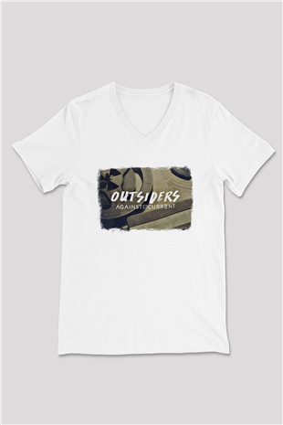 Against The Current Baskılı Unisex Beyaz V Yaka Tişört