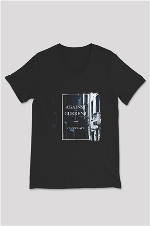 Against The Current Baskılı Unisex Siyah V Yaka Tişört