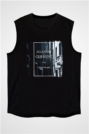 Against The Current Baskılı Unisex Siyah Kolsuz Tişört