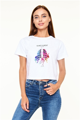 Against The Current Beyaz Croptop Tişört