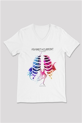 Against The Current Beyaz Unisex V Yaka Tişört T-Shirt