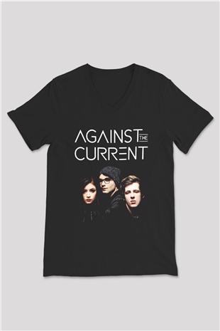 Against The Current Siyah Unisex V Yaka Tişört T-Shirt