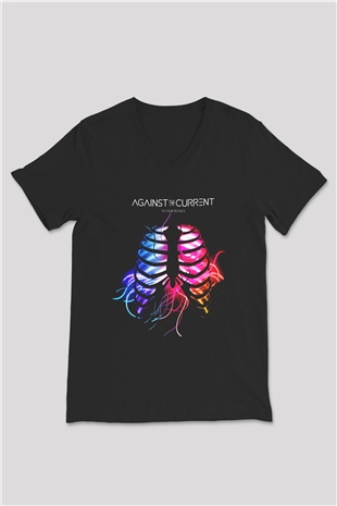 Against The Current Siyah Unisex V Yaka Tişört T-Shirt