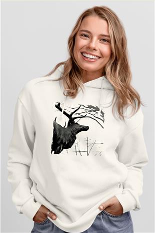 Agalloch Baskılı Beyaz Unisex Kapüşonlu Sweatshirt