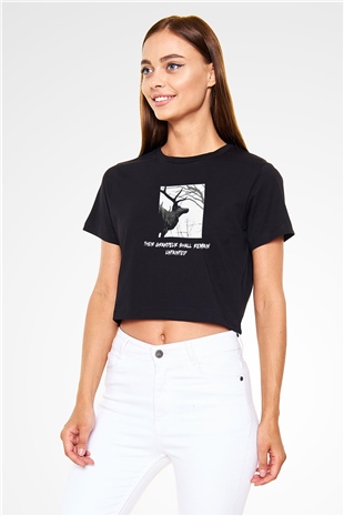 Agalloch Baskılı Siyah Crop Top Kadın Tişört - Tshirt