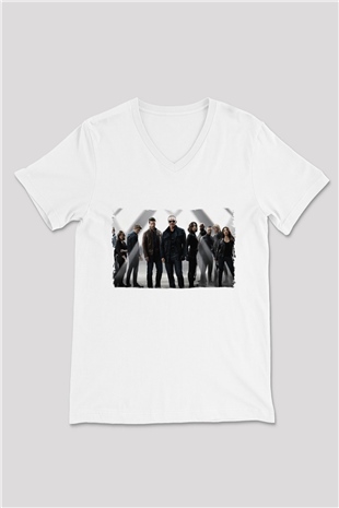 Agents of S.H.I.E.L.D. Beyaz Unisex V Yaka Tişört
