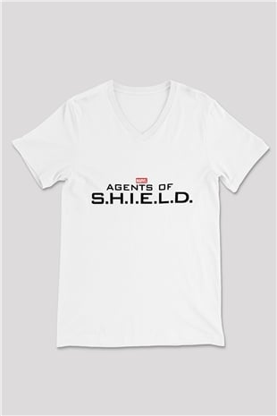 Agents of S.H.I.E.L.D. Beyaz Unisex V Yaka Tişört T-Shirt
