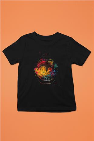 Ağız Renkli Baskılı Unisex Siyah Çocuk Tişörtü - Tshirt
