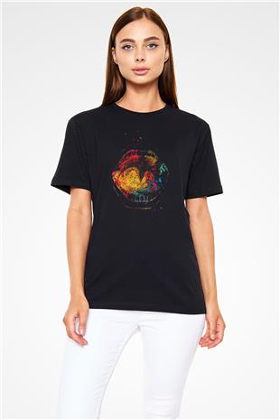 Ağız Renkli Baskılı Unisex Siyah Tişört - Tshirt