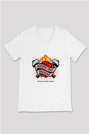 Agnostic Front Baskılı Unisex Beyaz V Yaka Tişört