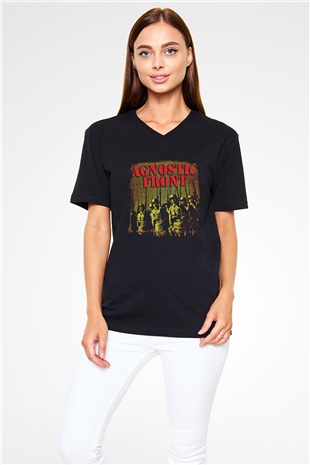 Agnostic Front Baskılı Unisex Siyah V Yaka Tişört