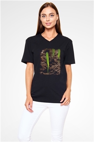 Agronomist Siyah Unisex V Yaka Tişört T-Shirt