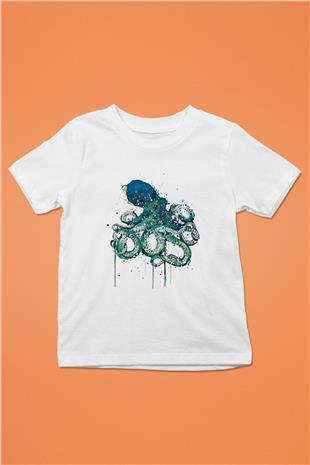 Ahtapot Baskılı Beyaz Unisex Beyaz Çocuk Tişört - Tshirt