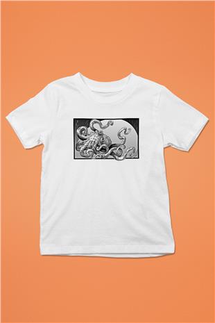 Ahtapot Baskılı Beyaz Unisex Beyaz Çocuk Tişört - Tshirt