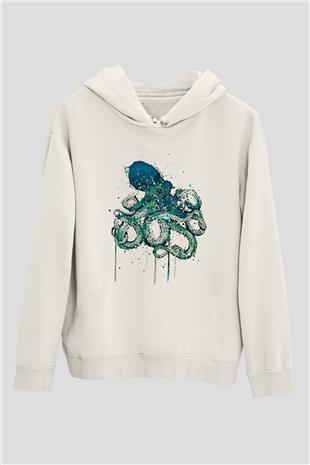 Ahtapot Baskılı Beyaz Unisex Hoodie