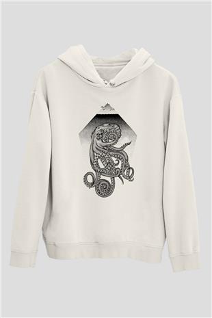 Ahtapot Baskılı Beyaz Unisex Hoodie
