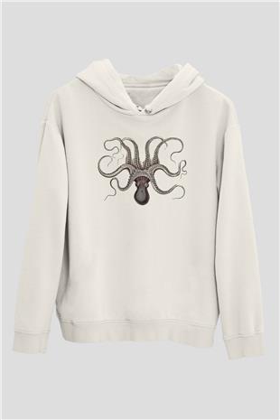 Ahtapot Baskılı Beyaz Unisex Hoodie