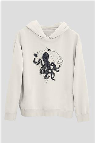 Ahtapot Baskılı Beyaz Unisex Hoodie