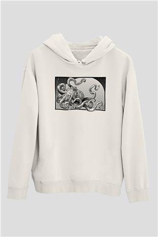 Ahtapot Baskılı Beyaz Unisex Hoodie