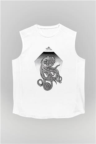 Ahtapot Baskılı Beyaz Unisex Kolsuz Tişört - Tshirt