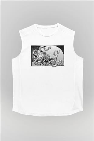 Ahtapot Baskılı Beyaz Unisex Kolsuz Tişört - Tshirt