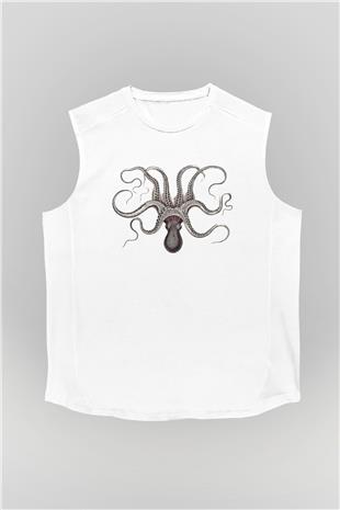 Ahtapot Baskılı Beyaz Unisex Kolsuz Tişört - Tshirt