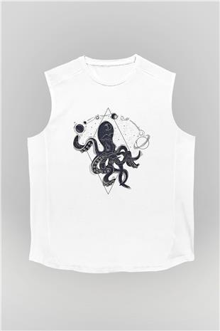 Ahtapot Baskılı Beyaz Unisex Kolsuz Tişört - Tshirt