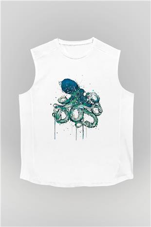 Ahtapot Baskılı Beyaz Unisex Kolsuz Tişört - Tshirt