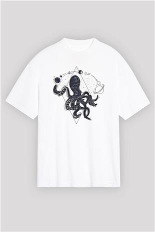 Ahtapot Baskılı Beyaz Unisex Oversize Tişört - Tshirt