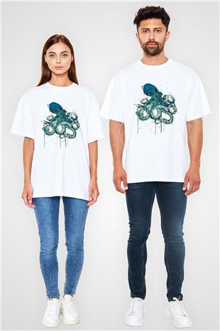 Ahtapot Baskılı Beyaz Unisex Oversize Tişört - Tshirt