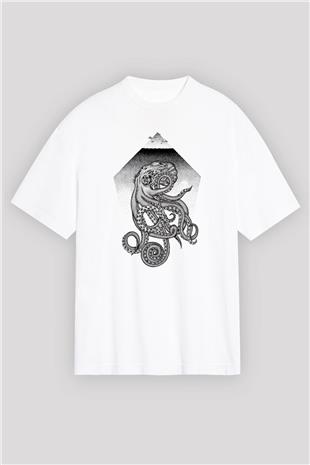 Ahtapot Baskılı Beyaz Unisex Oversize Tişört - Tshirt
