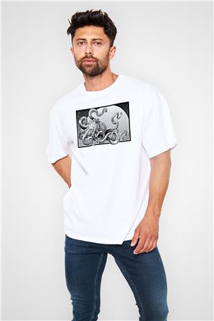 Ahtapot Baskılı Beyaz Unisex Oversize Tişört - Tshirt