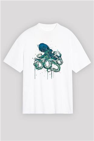 Ahtapot Baskılı Beyaz Unisex Oversize Tişört - Tshirt