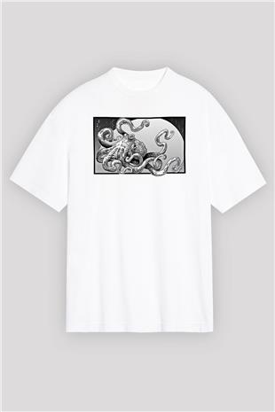 Ahtapot Baskılı Beyaz Unisex Oversize Tişört - Tshirt