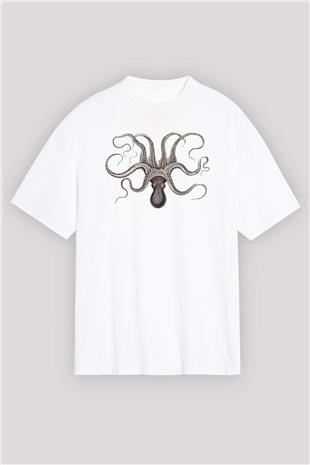 Ahtapot Baskılı Beyaz Unisex Oversize Tişört - Tshirt