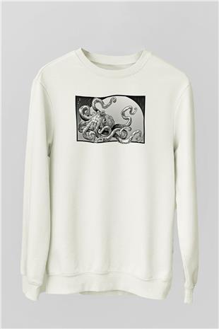 Ahtapot Baskılı Beyaz Unisex Sweatshirt