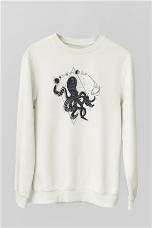 Ahtapot Baskılı Beyaz Unisex Sweatshirt