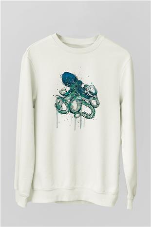 Ahtapot Baskılı Beyaz Unisex Sweatshirt
