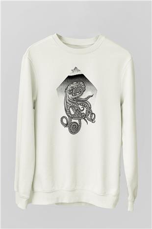 Ahtapot Baskılı Beyaz Unisex Sweatshirt