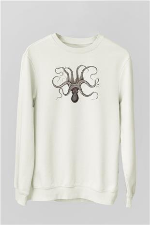 Ahtapot Baskılı Beyaz Unisex Sweatshirt