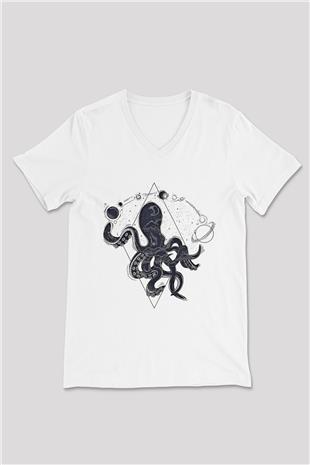 Ahtapot Baskılı Beyaz Unisex V Yaka Tişört - Tshirt