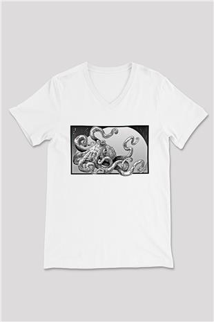 Ahtapot Baskılı Beyaz Unisex V Yaka Tişört - Tshirt
