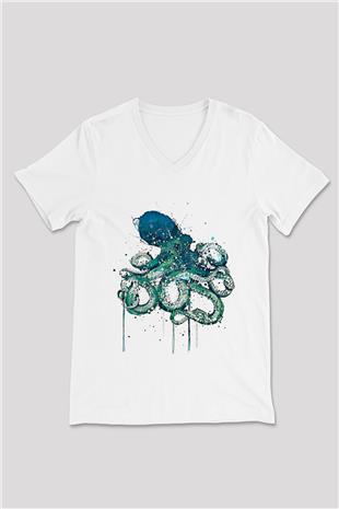 Ahtapot Baskılı Beyaz Unisex V Yaka Tişört - Tshirt