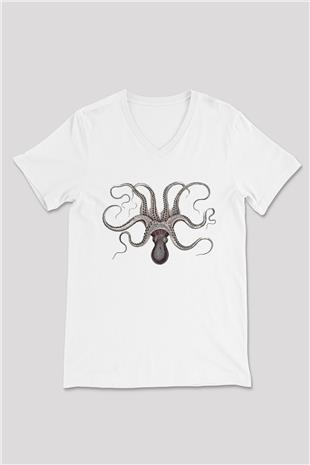 Ahtapot Baskılı Beyaz Unisex V Yaka Tişört - Tshirt