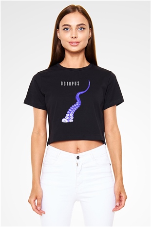 Ahtapot Baskılı Siyah Crop Top Kadın Tişört - Tshirt