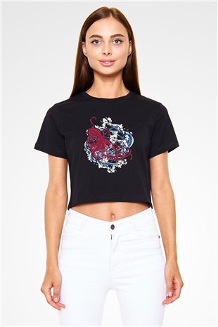 Ahtapot Baskılı Siyah Crop Top Kadın Tişört - Tshirt