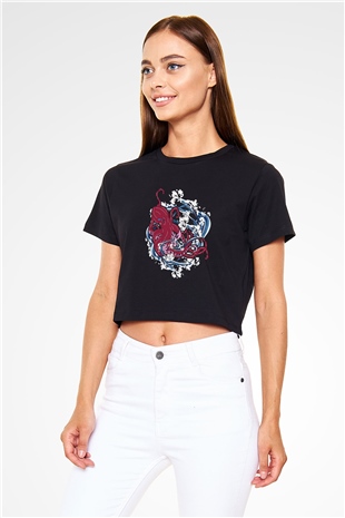 Ahtapot Baskılı Siyah Crop Top Kadın Tişört - Tshirt